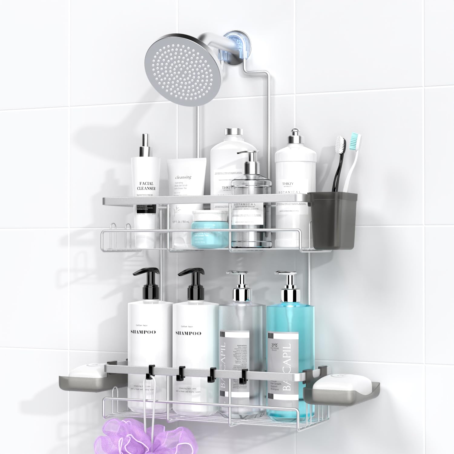 AKTECKE front view of hanging shower caddy showing two-tier storage and stability benefit