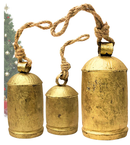 ALADEAN front view of three rustic golden cow bells on jute rope showing vintage charm