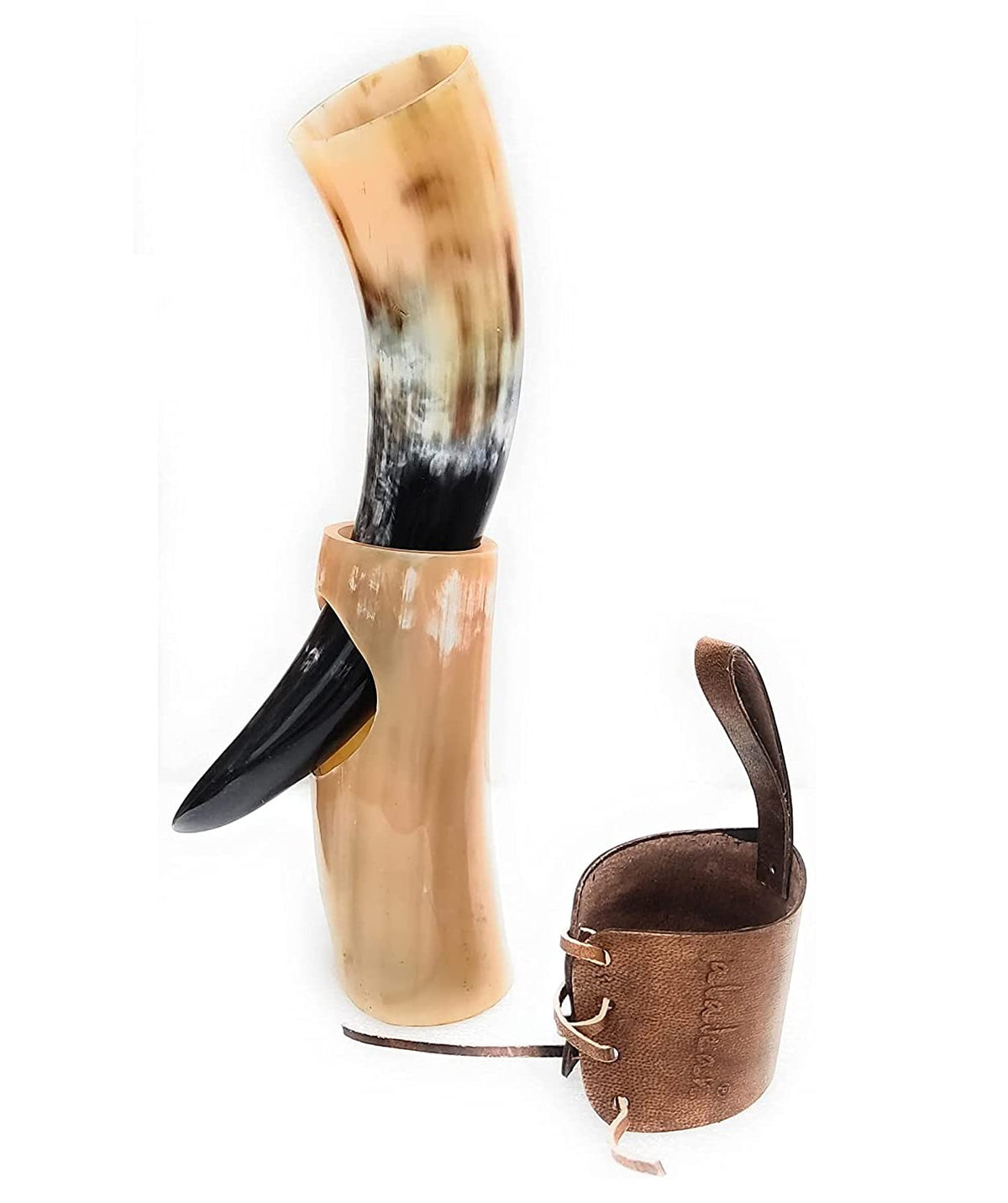 ALADEAN front view of Viking drinking horn mug showing unique shape and natural finish