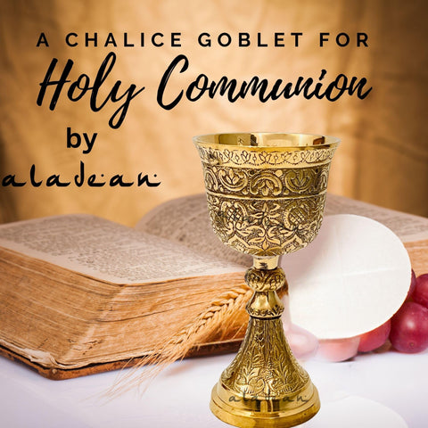 ALADEAN chalice beside a hand for scale showing substantial size and weight