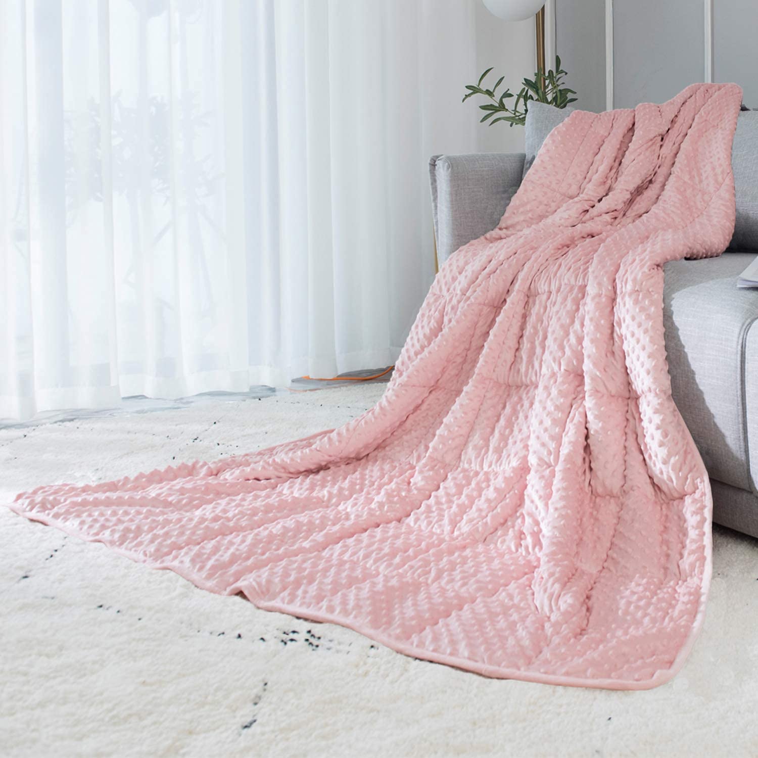 ALANSMA front view of pink weighted blanket showing plush appeal and cozy comfort