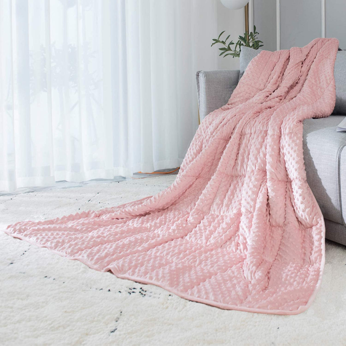 ALANSMA front view of pink weighted blanket showing plush appeal and cozy comfort