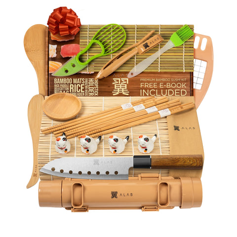 Alas front packaging showing full 20-piece sushi set and clear contents benefit