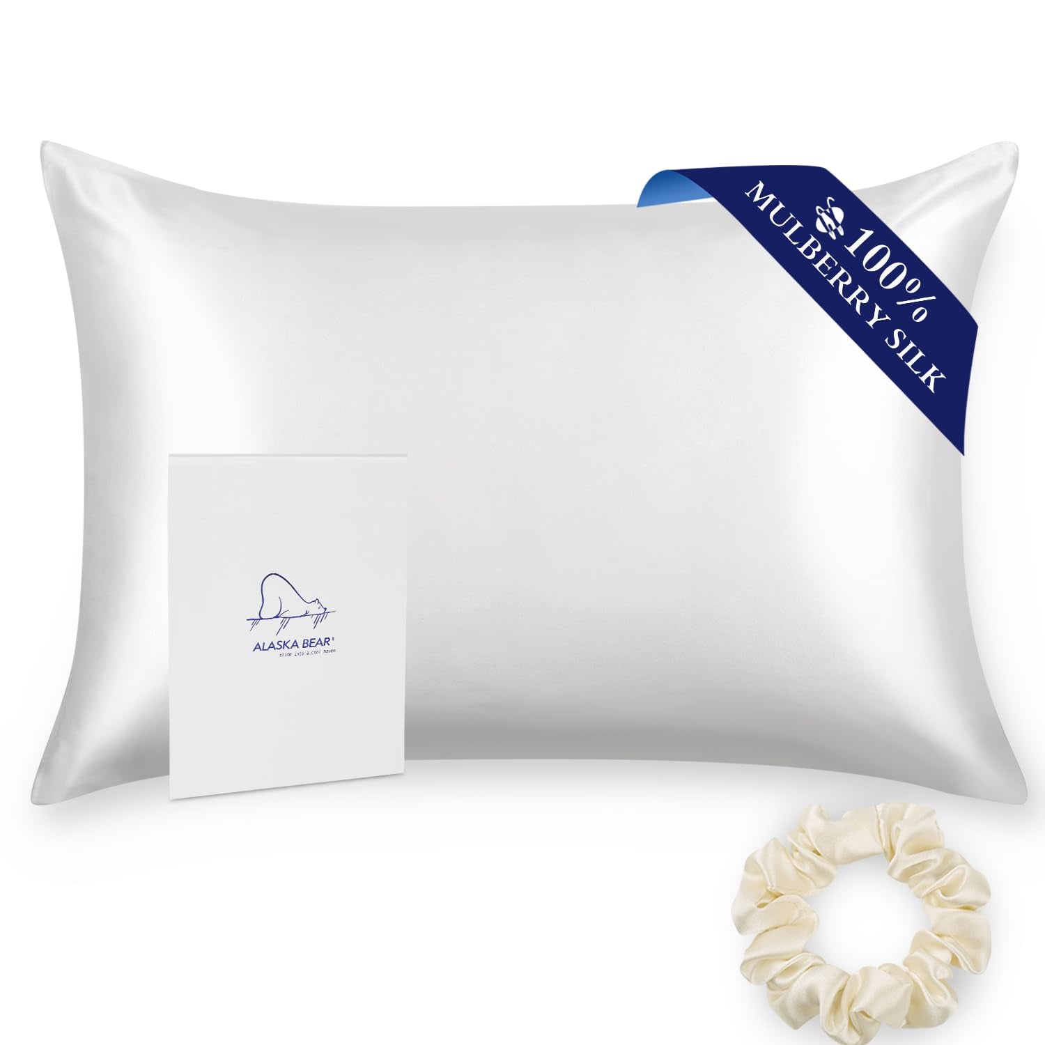 ALASKA BEAR front view of queen-size silk pillowcase showing neat finish and cool-white color for smoother sleep