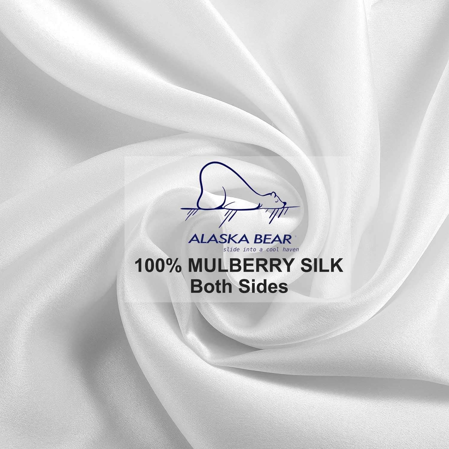 ALASKA BEAR silk scrunchie paired with pillowcase demonstrating gentle hair protection and reduced creasing
