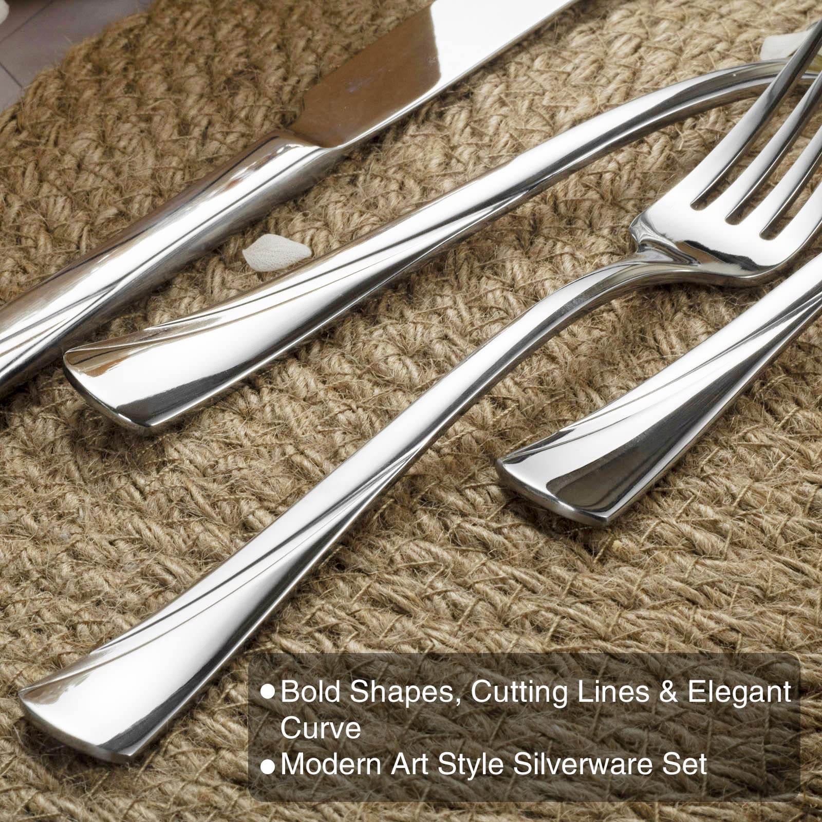 Alata Alice flatware laid out showing all 20 pieces, demonstrates full service-for-four utility