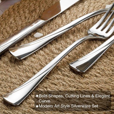 Alata Alice flatware laid out showing all 20 pieces, demonstrates full service-for-four utility