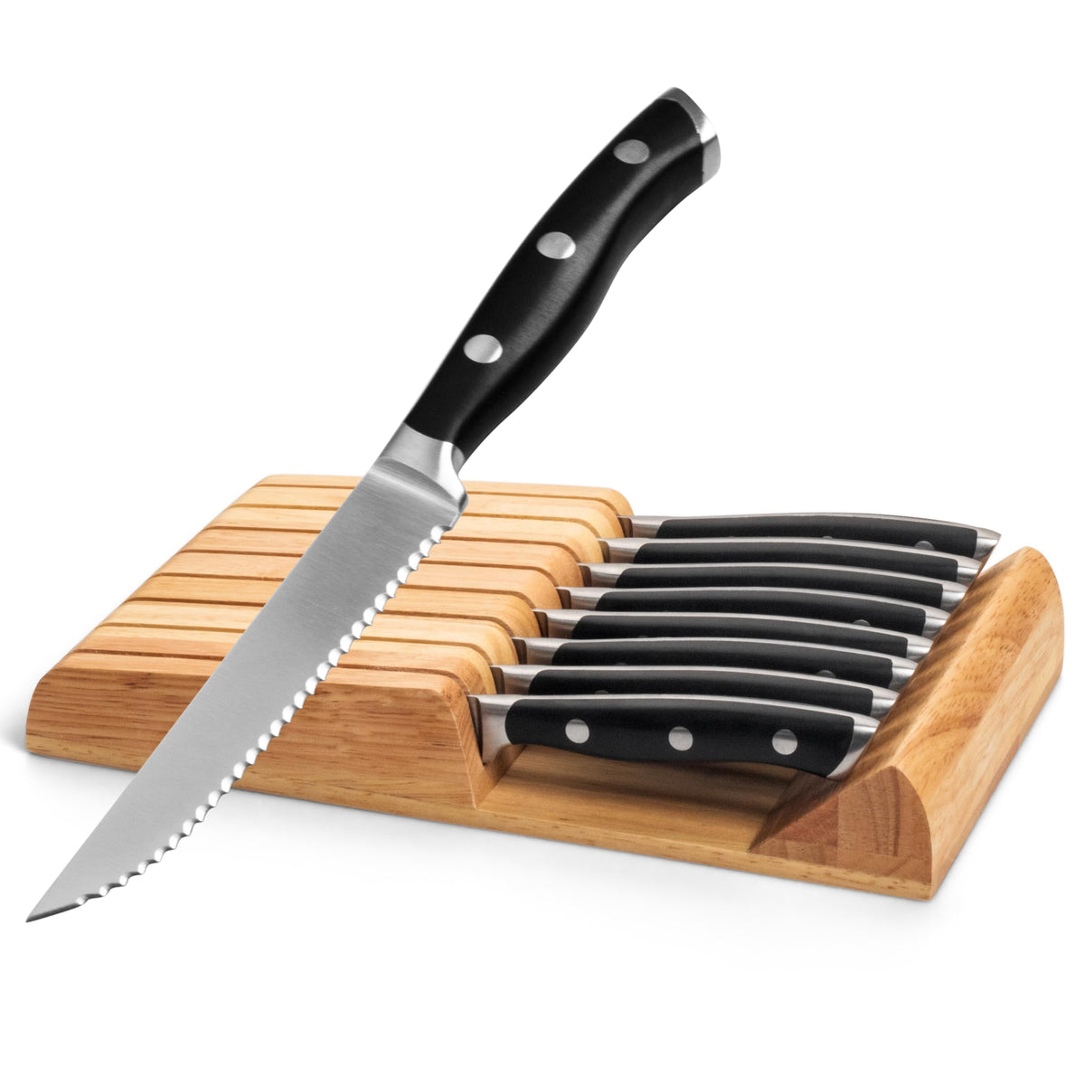Alata steak knives block front view showing organized storage and quick access