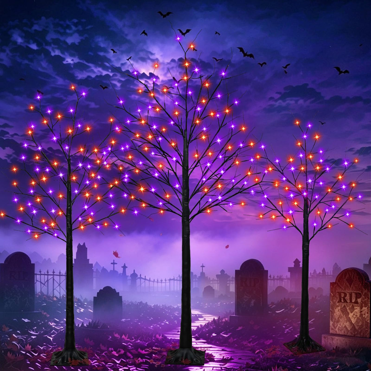 Albelt black Halloween trees front view showing three heights and dramatic lighting benefit