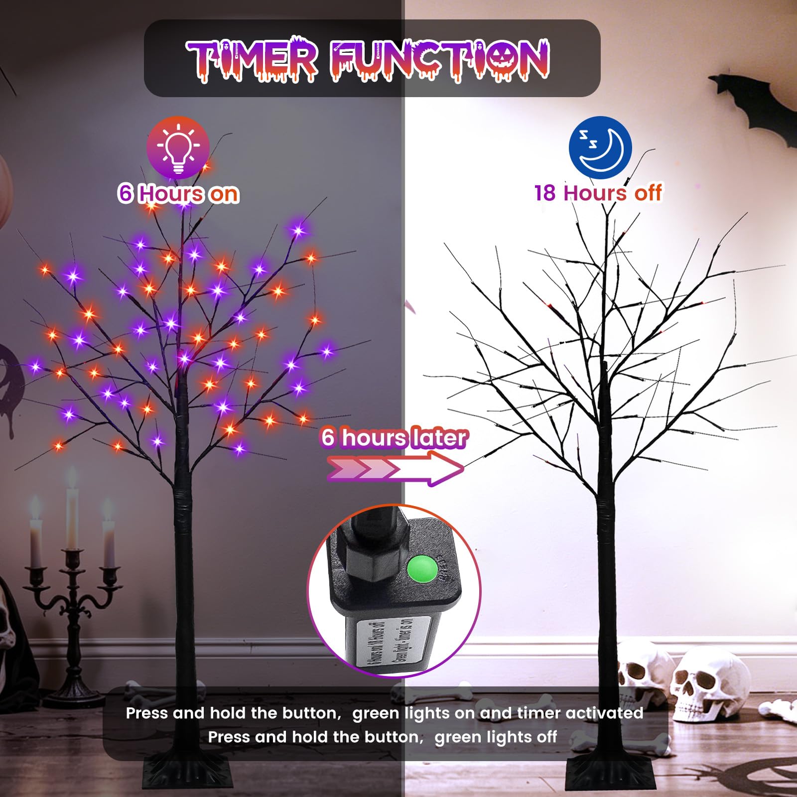 Albelt trees lit on a porch at night creating welcoming Halloween atmosphere benefit