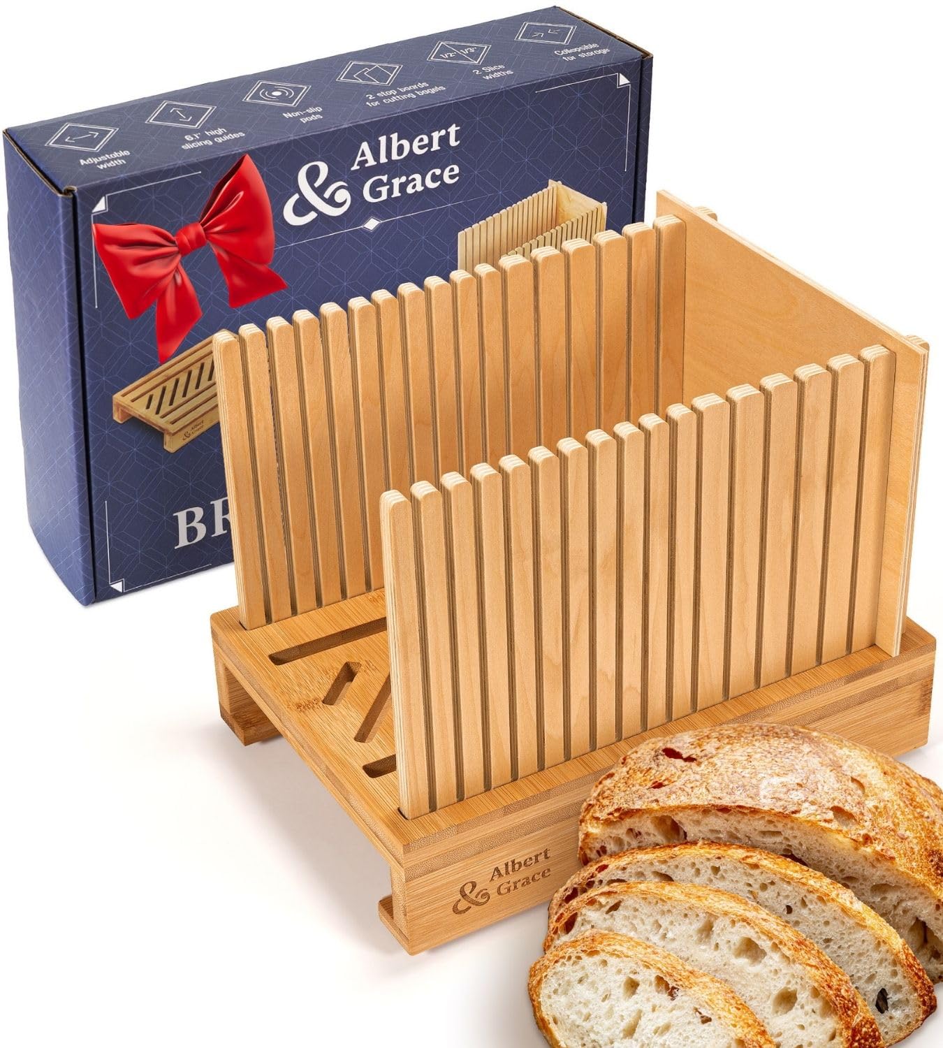 Albert&Grace front view of bamboo slicer showing folding guides for consistent slices
