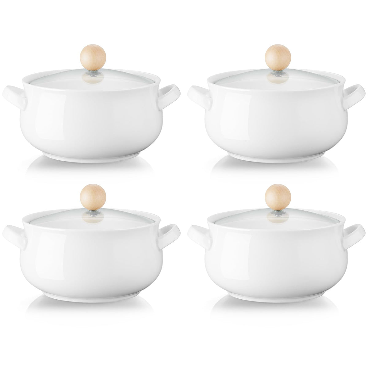 ALELION front view set of 4 crocks showing elegant white finish and lids, great for serving
