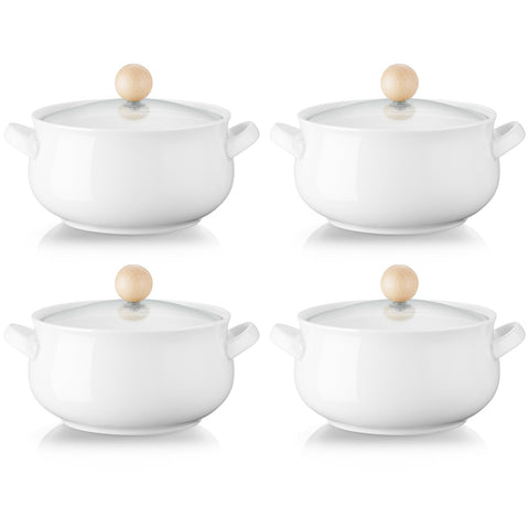 ALELION front view set of 4 crocks showing elegant white finish and lids, great for serving