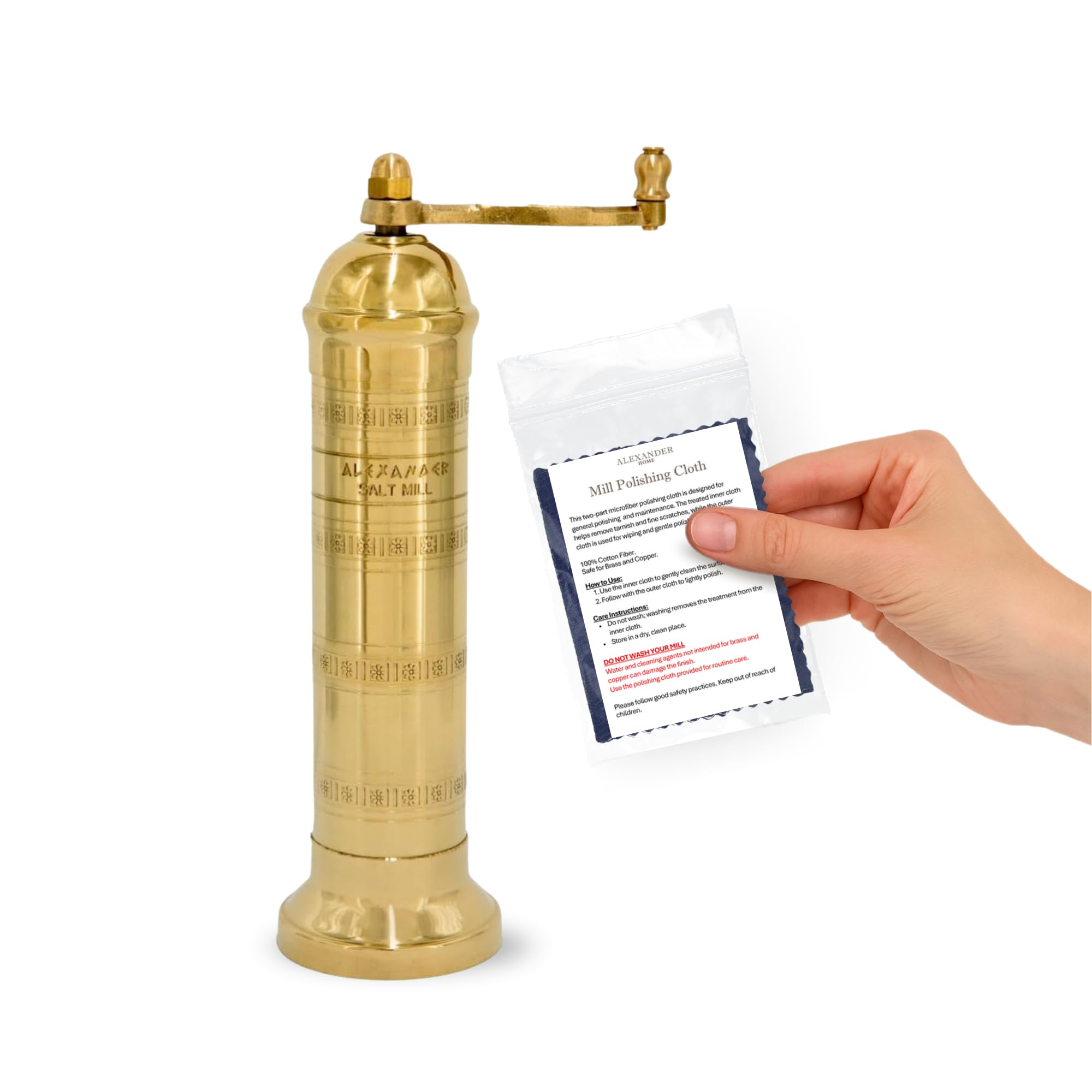 Alexander Home brass mill side profile highlighting slim silhouette and stable presence
