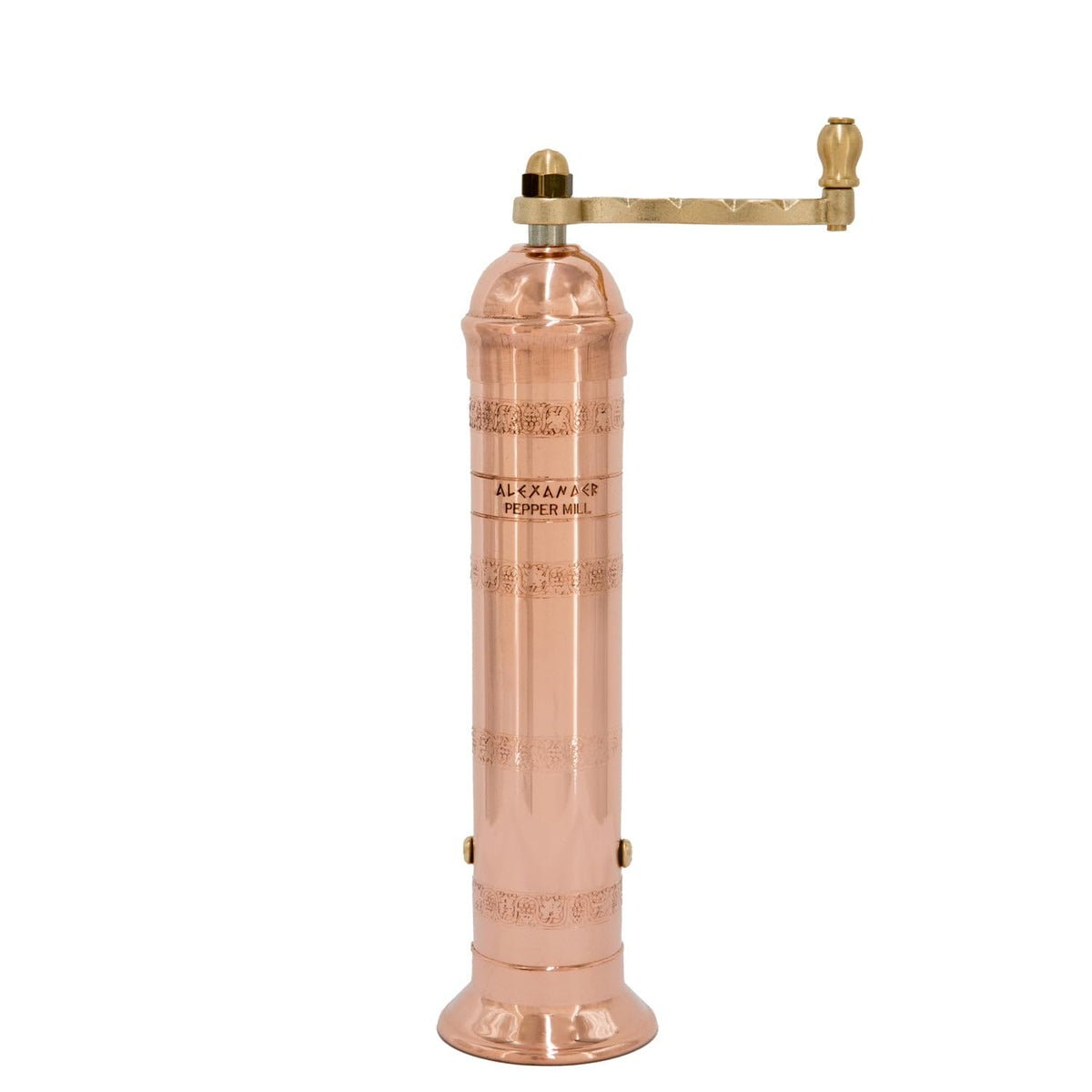 Alexander Home copper pepper mill front view showing elegant finish and tactile grip benefit