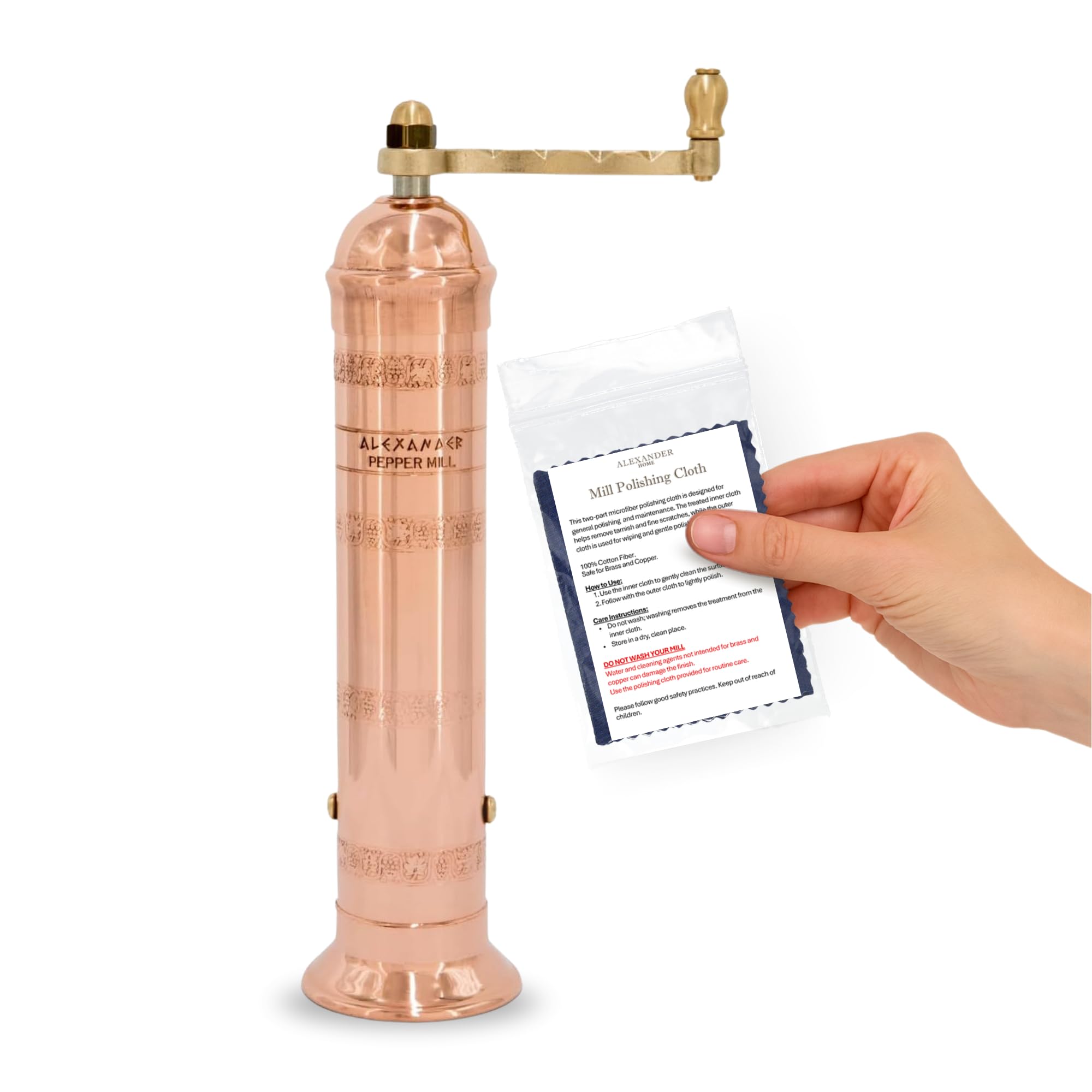 Alexander Home copper mill handle detail demonstrating secure fit and easy-turn benefit