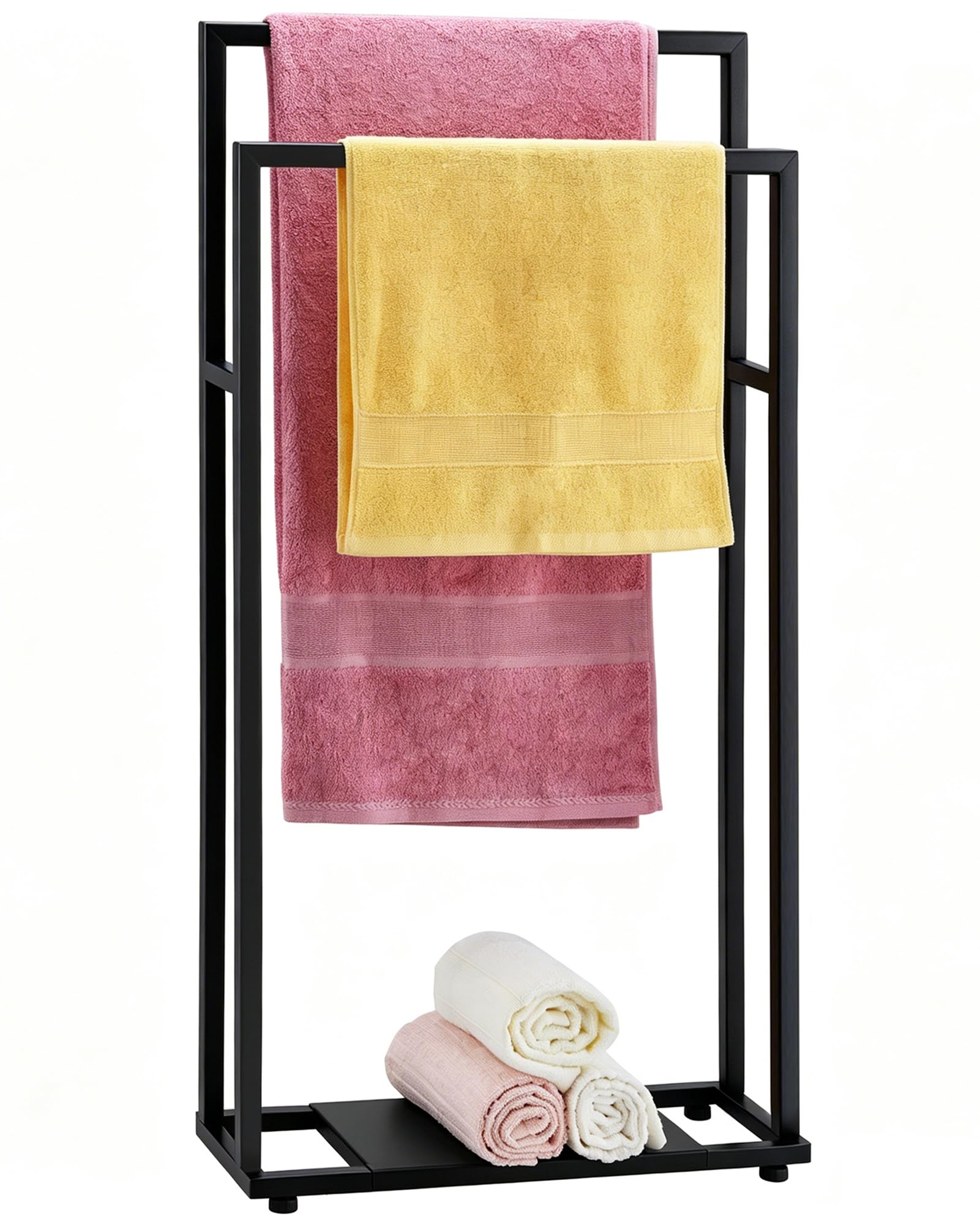 ALHAKIN front view of 39-inch black towel rack showing vertical storage benefit