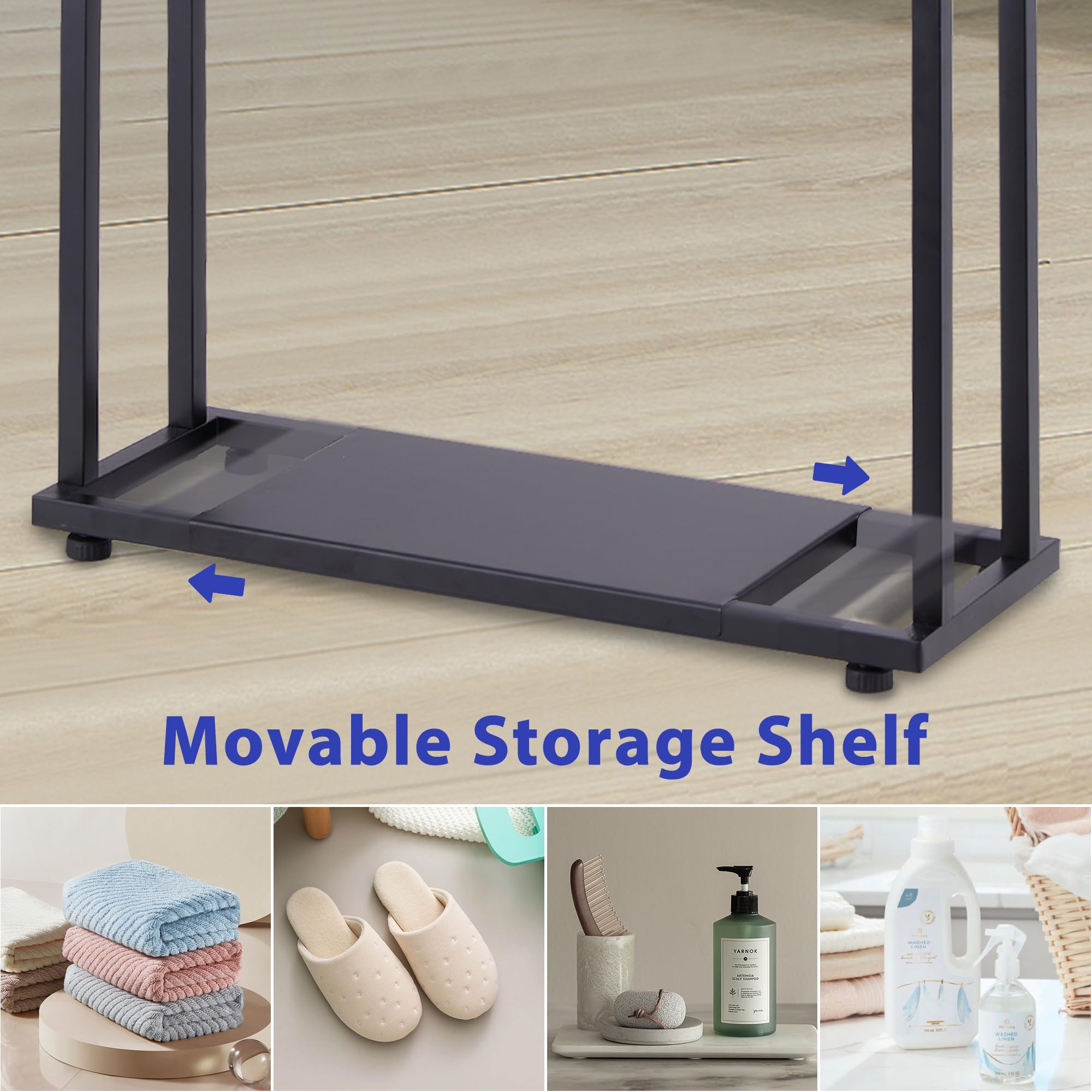ALHAKIN detail of bottom shelf storing folded towels and toiletries for organization