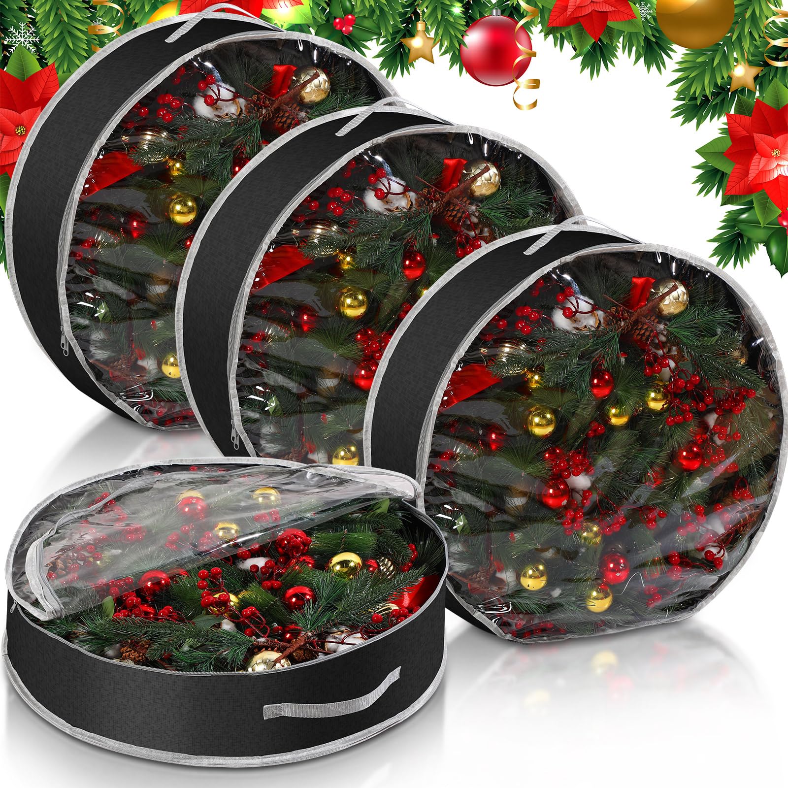 Aliceset front view of four black wreath storage bags showing neat packing benefit