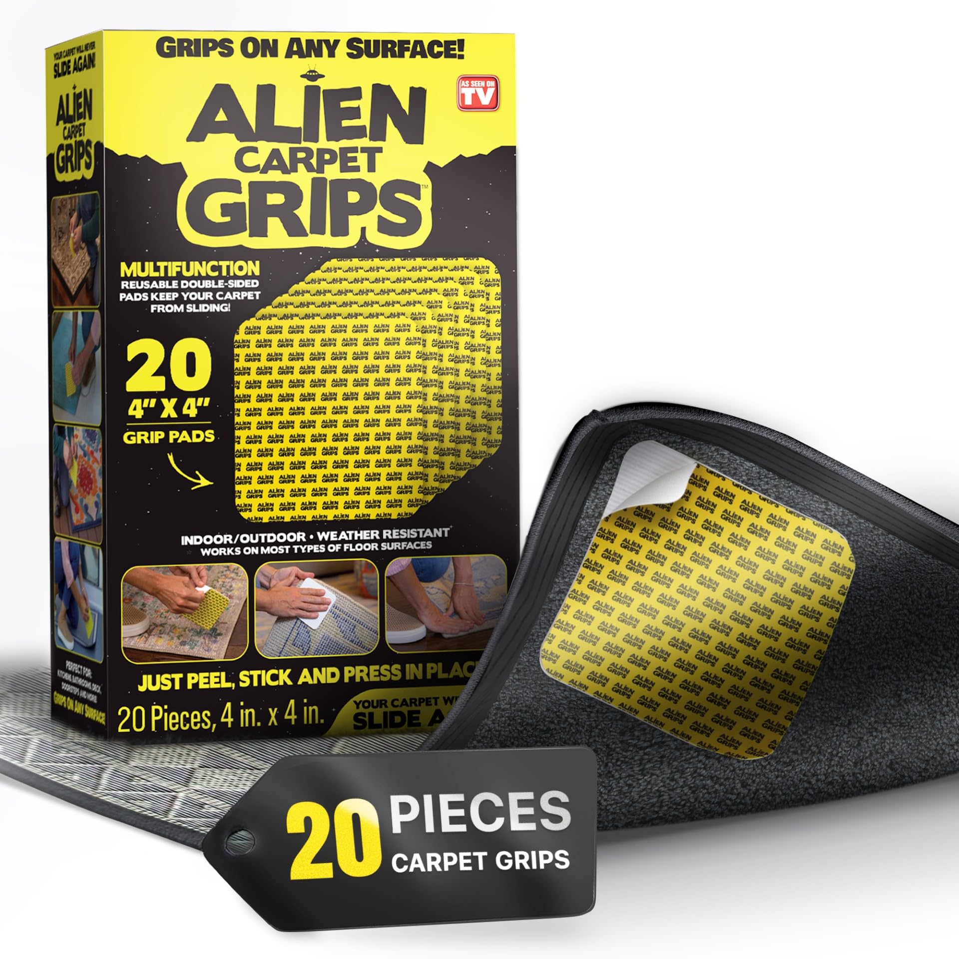 Alien front packaging showing 20-pack and benefits for secure rugs