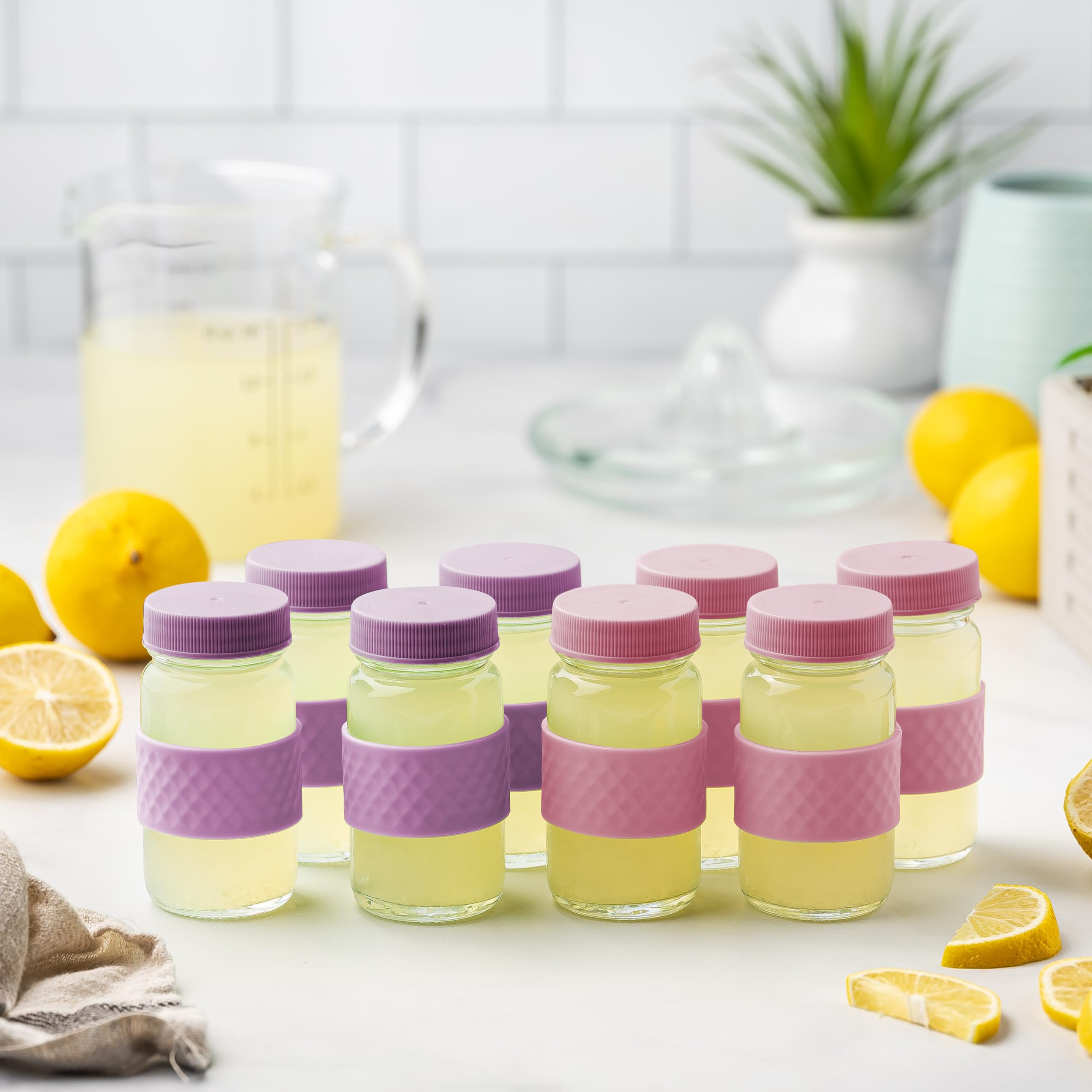 All About Juicing colored lids and matching grip bands neatly arranged for quick ID benefit