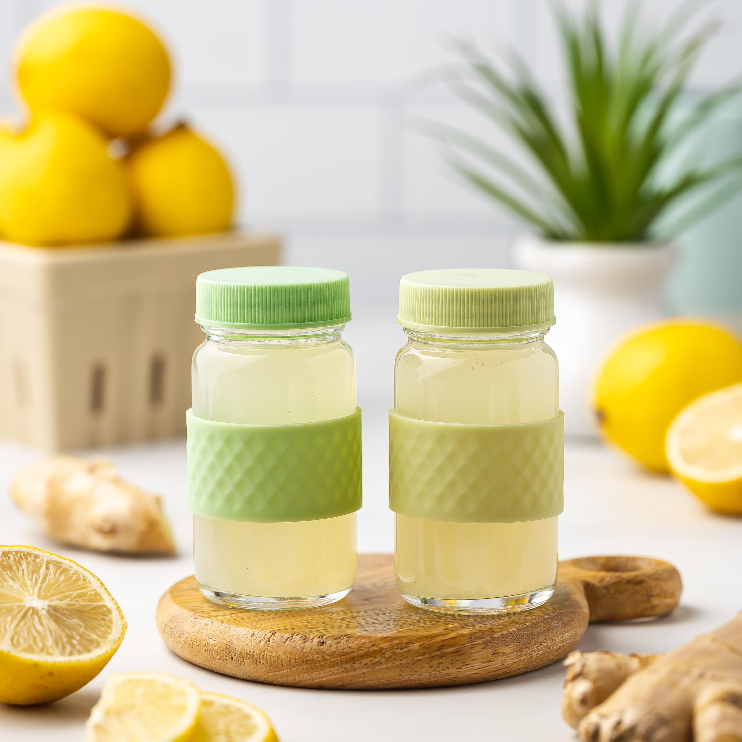 All About Juicing filled bottle with green juice, highlights product visibility and freshness