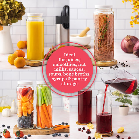 All About Juicing bottles neatly arranged in fridge, highlights organized, space-saving storage