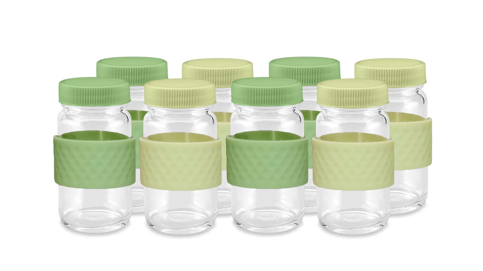 All About Juicing front view of eight clear glass shot bottles with caps, shows organized set