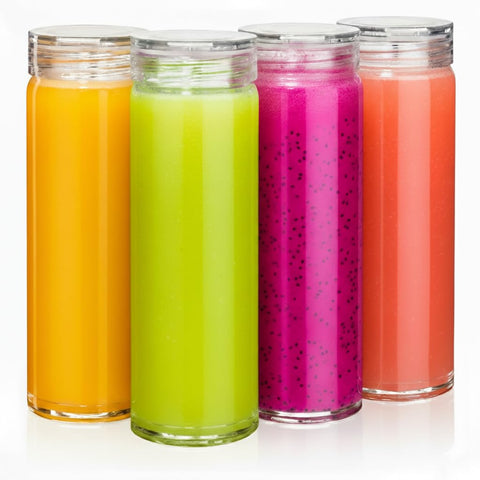 All About Juicing front view of four bottles with clear lids showing neat storage