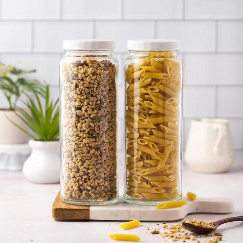 All About Juicing stacked lids and bottles, emphasizes compact storage and durability