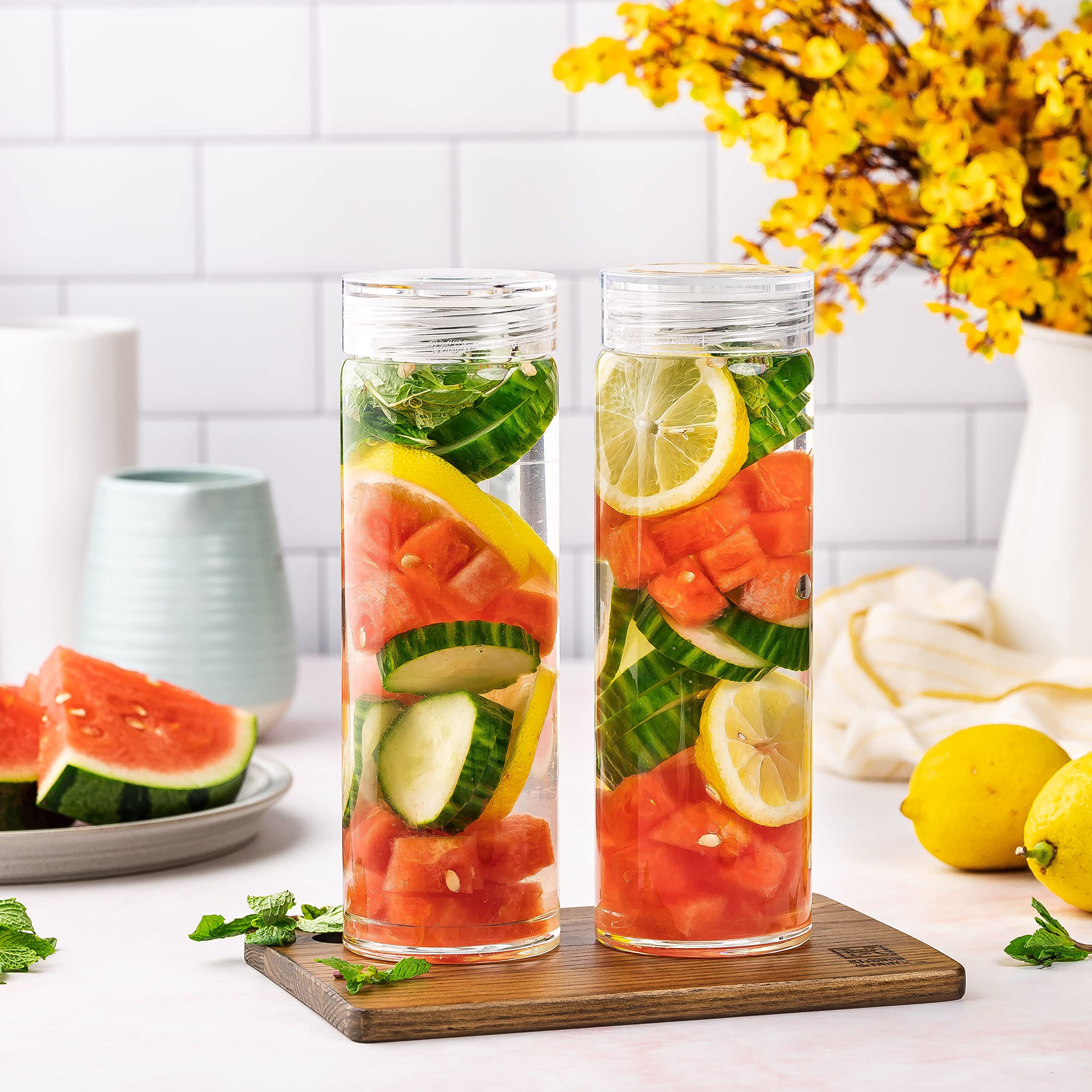 All About Juicing lifestyle kitchen display with bottles organized for prep convenience