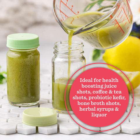 All About Juicing shot bottle in hand, conveys compact portability and single-serve size
