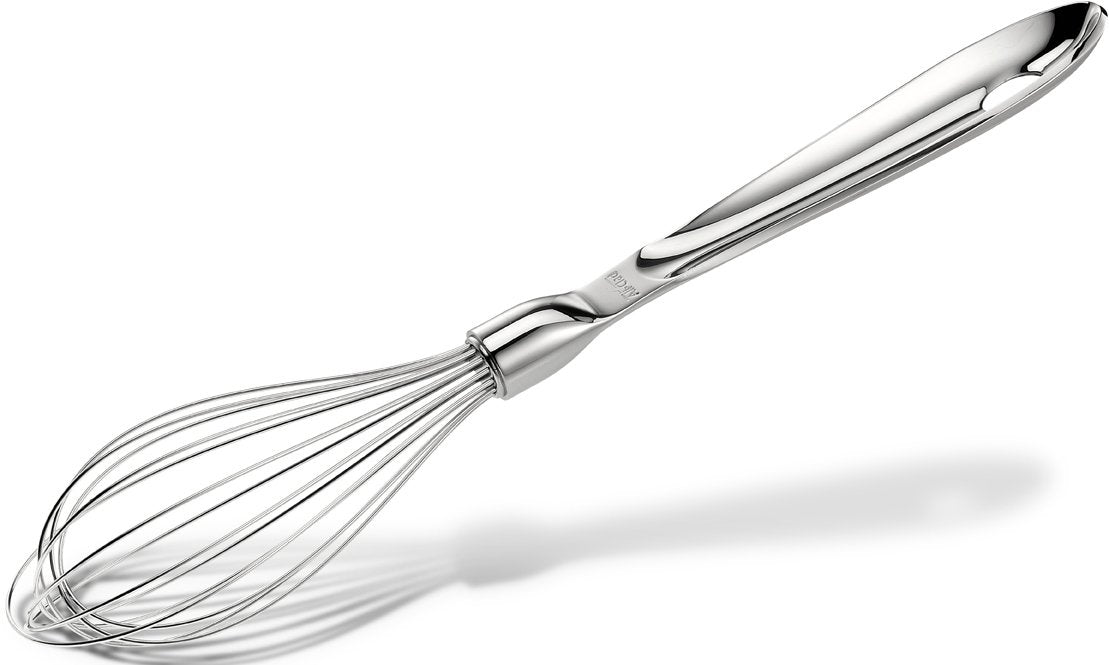 All-Clad 12-inch whisk front view showing large stainless steel head for smoother sauces