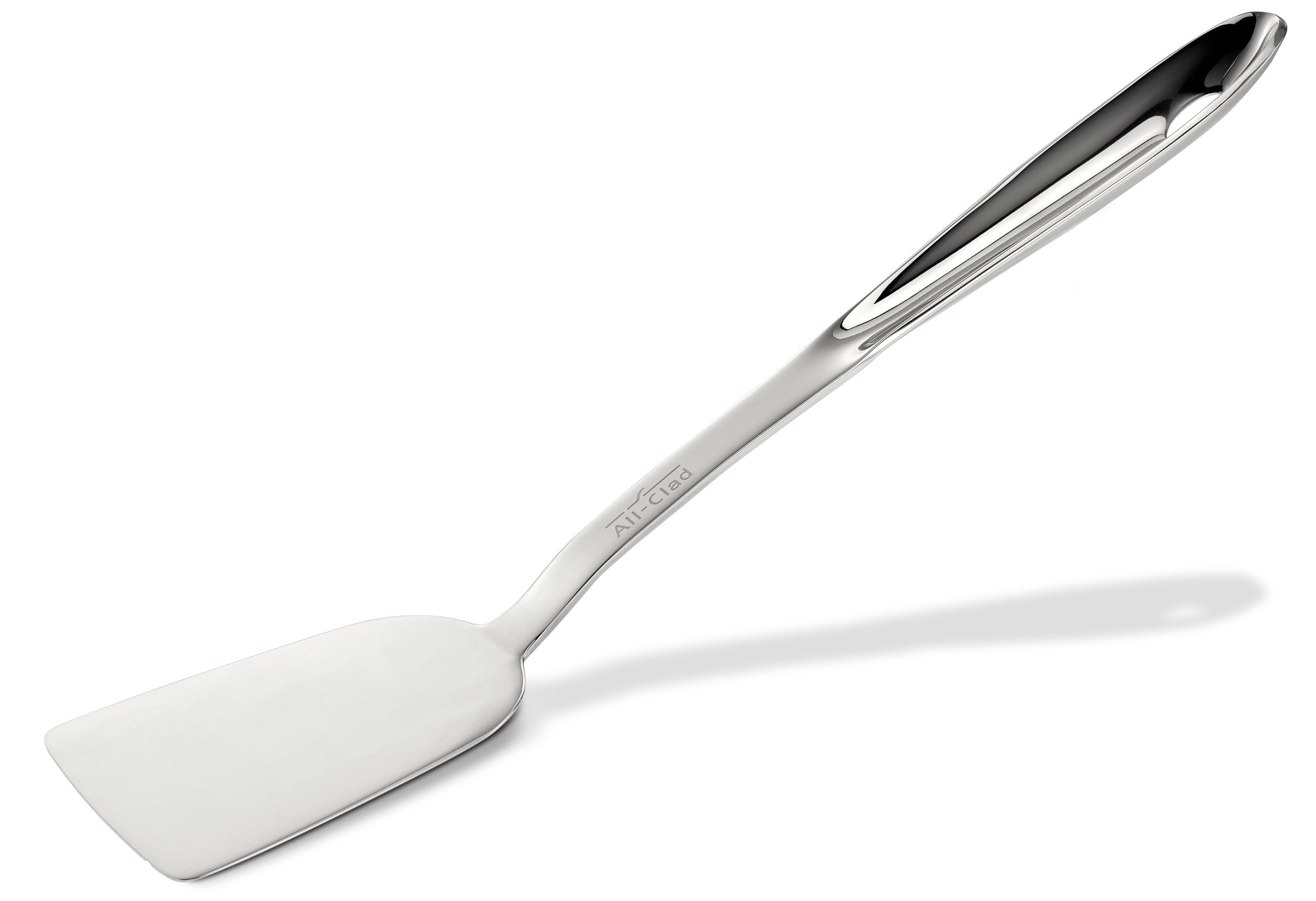 All-Clad front view of 13-inch slotted turner showing polished blade and handle for precision flipping