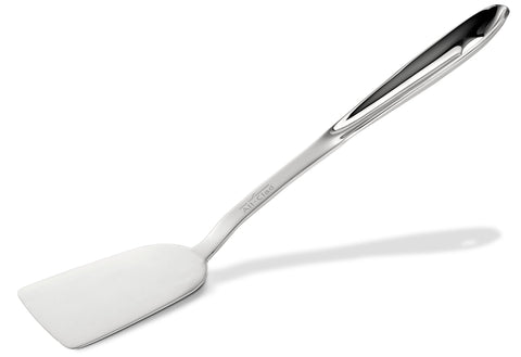All-Clad front view of 13-inch slotted turner showing polished blade and handle for precision flipping