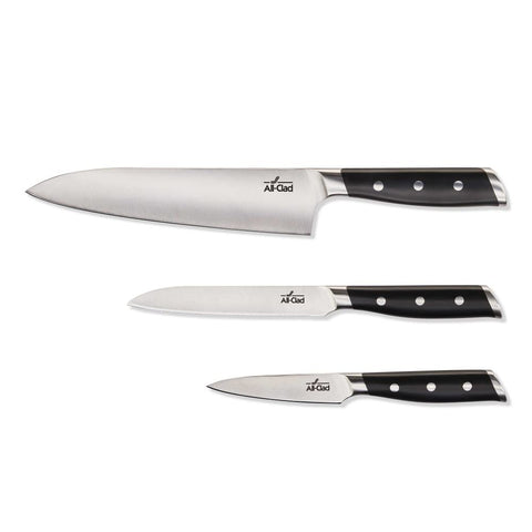 All-Clad three-piece set front packaging showing complete knives and benefit of essentials