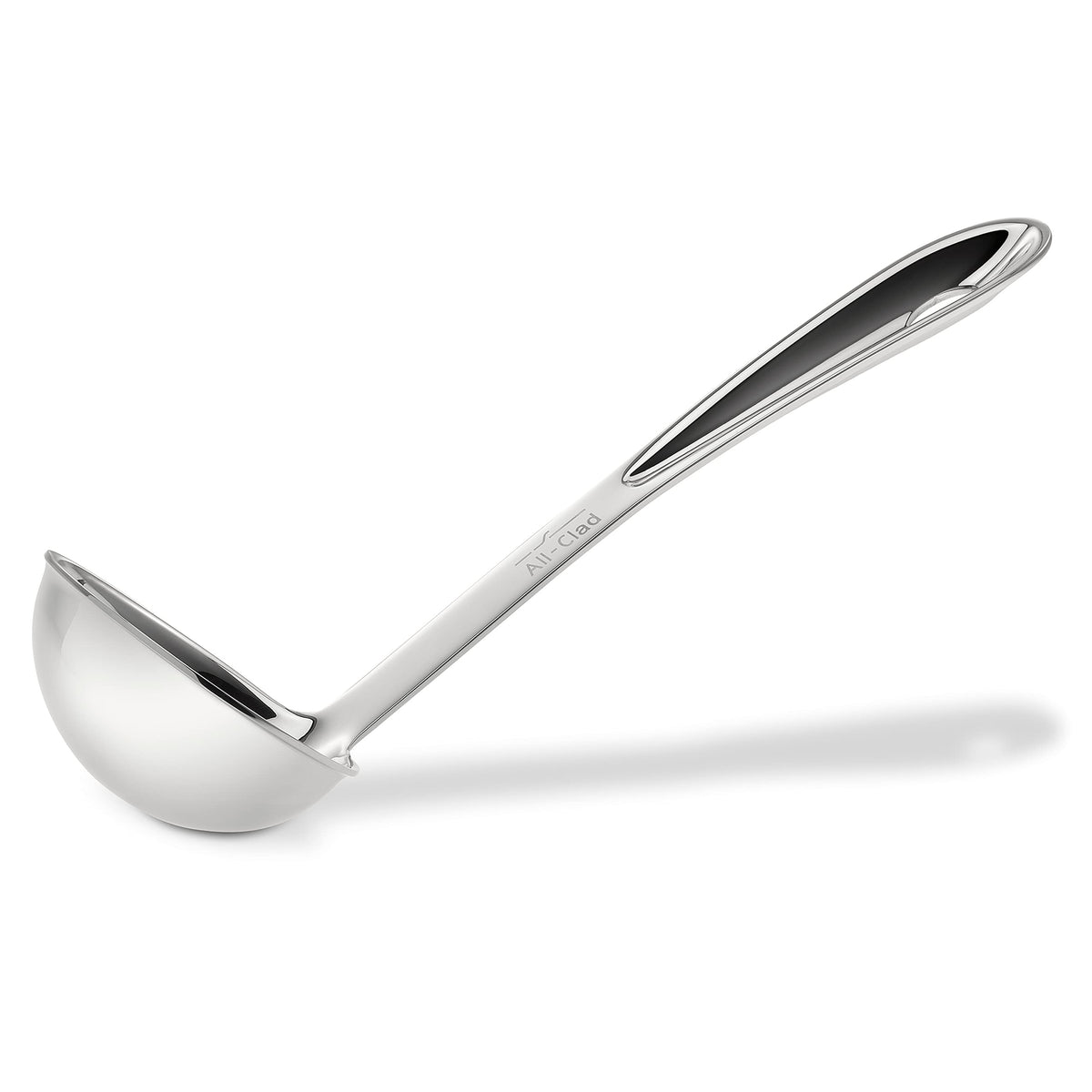 All-Clad ladle front view showing polished stainless and balanced bowl for precise serving
