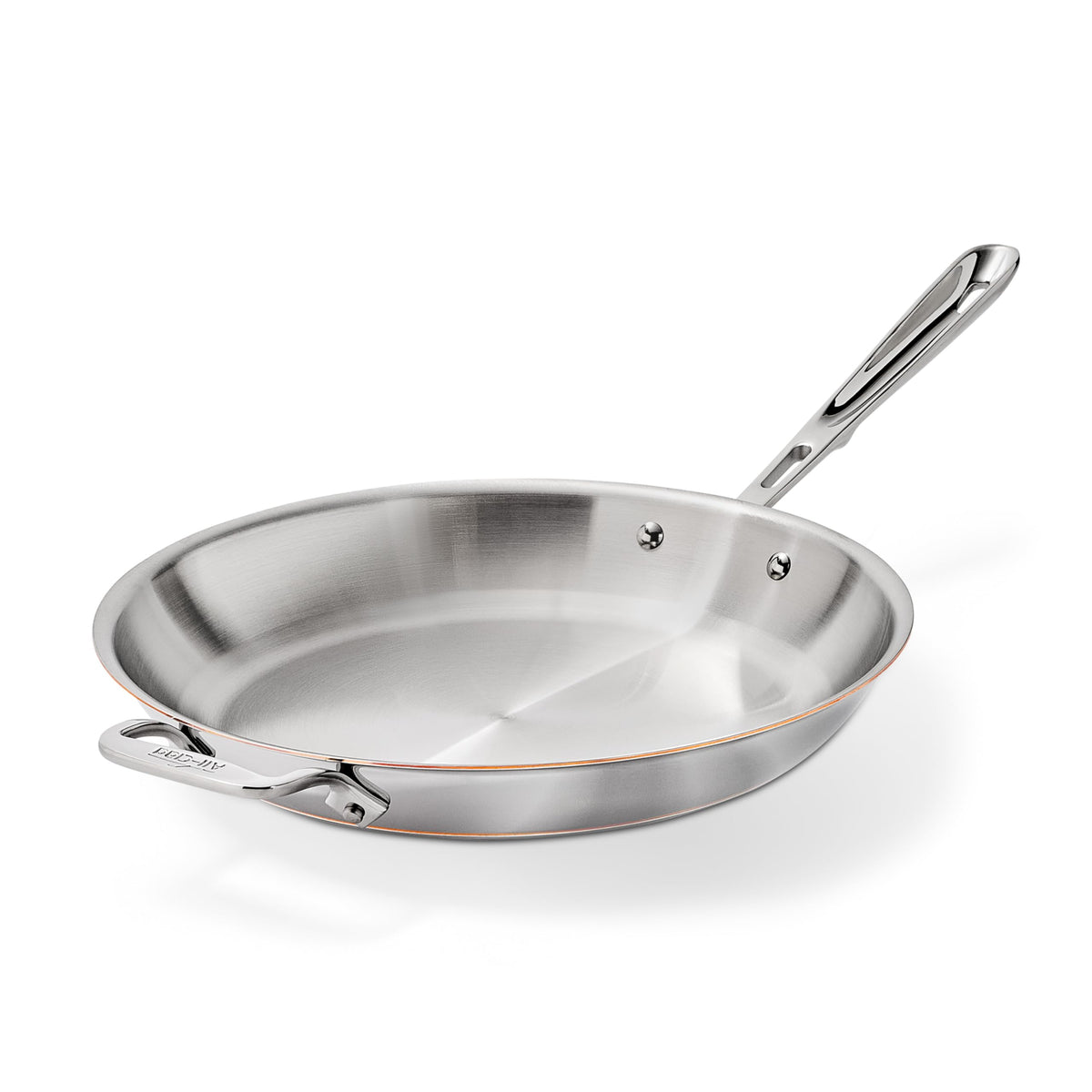 All-Clad copper core 12-inch fry pan front view showing polished finish and capacity benefit