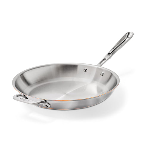 All-Clad copper core 12-inch fry pan front view showing polished finish and capacity benefit