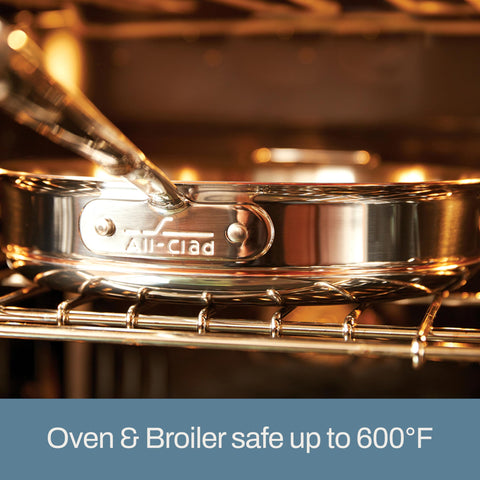 All-Clad copper core pan beside utensils showing 12-inch scale and cooking capacity benefit