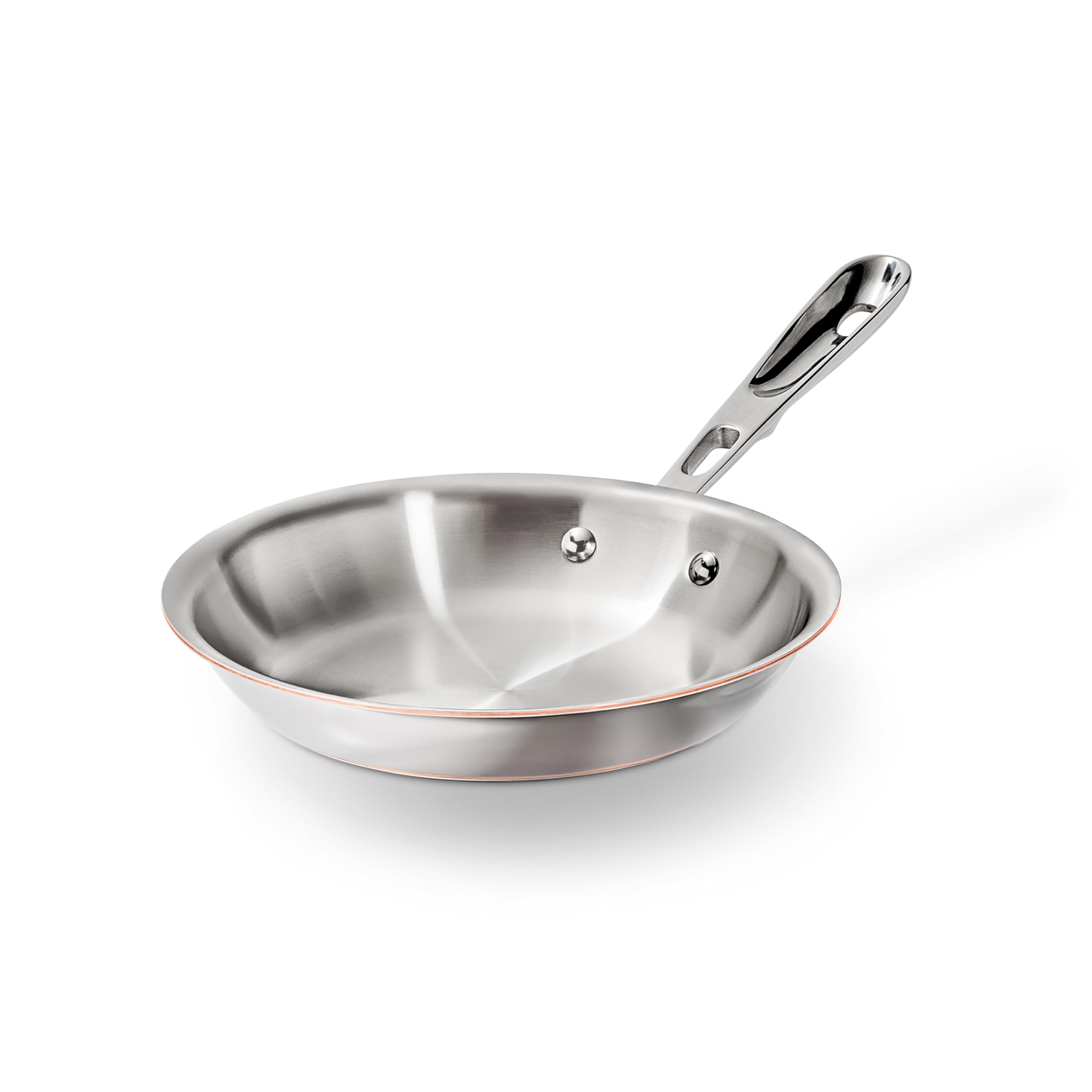 All-Clad 8" fry pan front view showing polished finish and copper accent for elegant cooking
