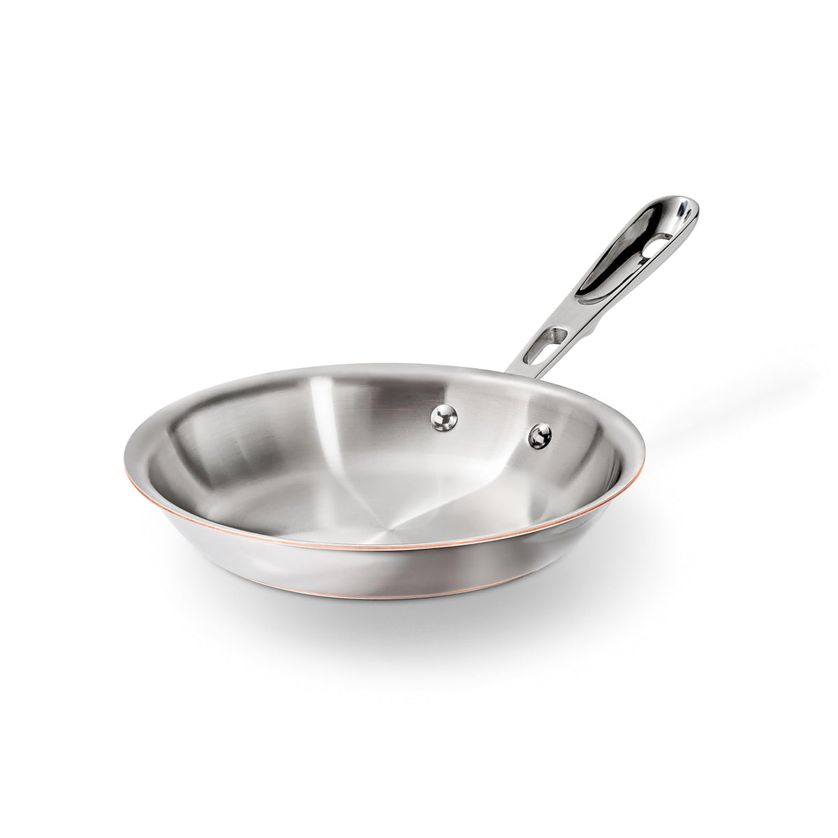 All-Clad 8" fry pan front view showing polished finish and copper accent for elegant cooking