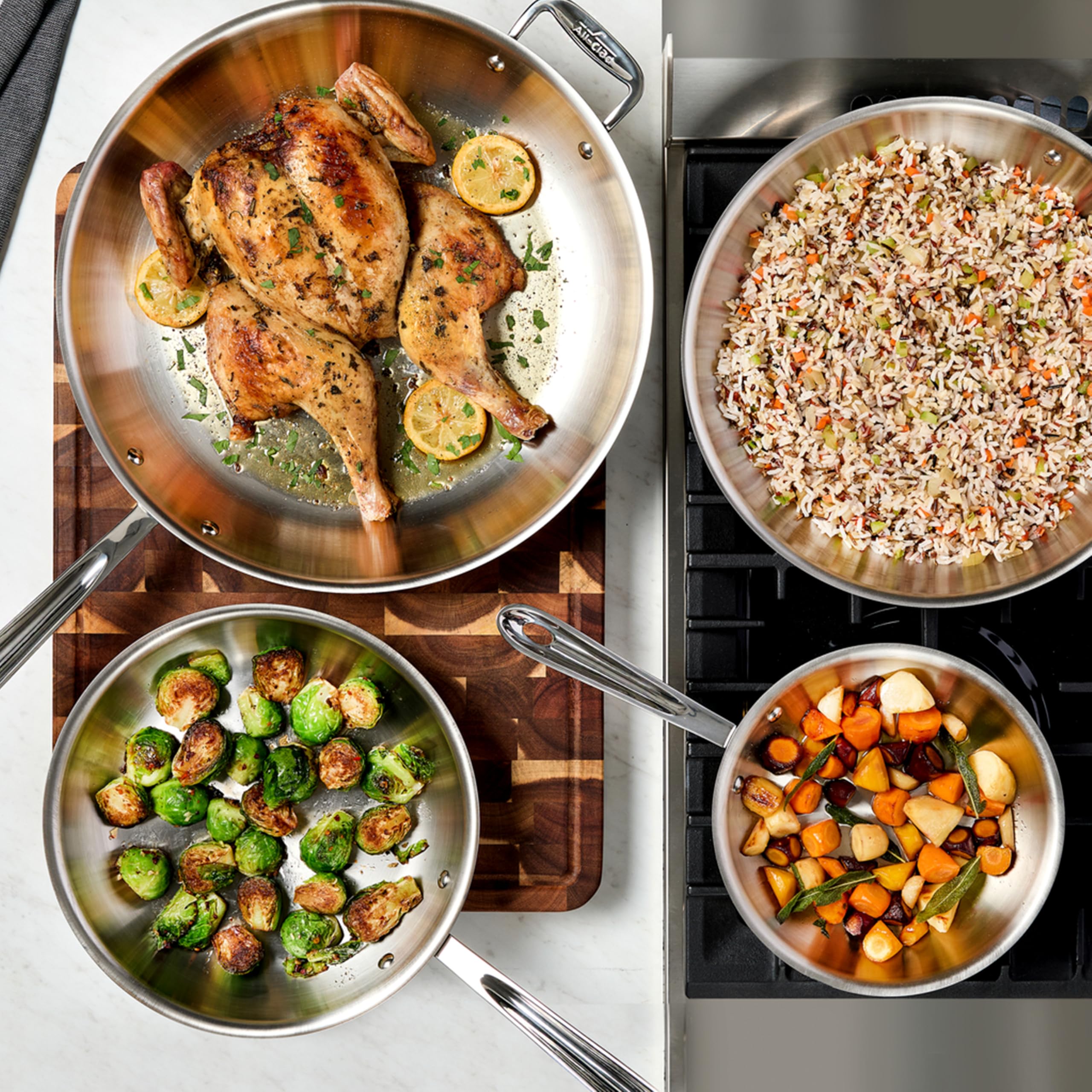 All-Clad polished cooking surface highlighting even searing benefit