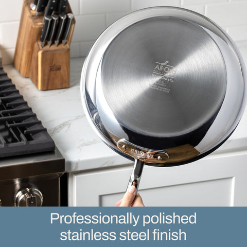 All‑Clad D3 beside dinner plate showing 4‑quart capacity scale