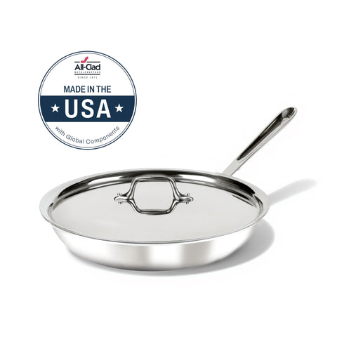 All-Clad D3 fry pan base closeup showing flat surface for even contact and stability