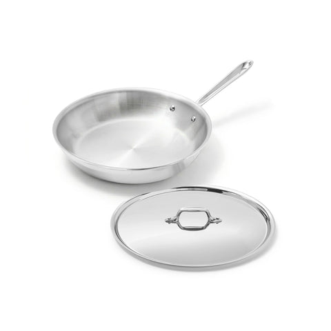 All-Clad D3 fry pan front view showing sleek stainless design and reliable heat