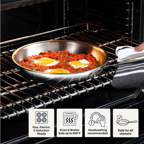 All-Clad D3 fry pan in oven under broiler demonstrating oven-safe versatility