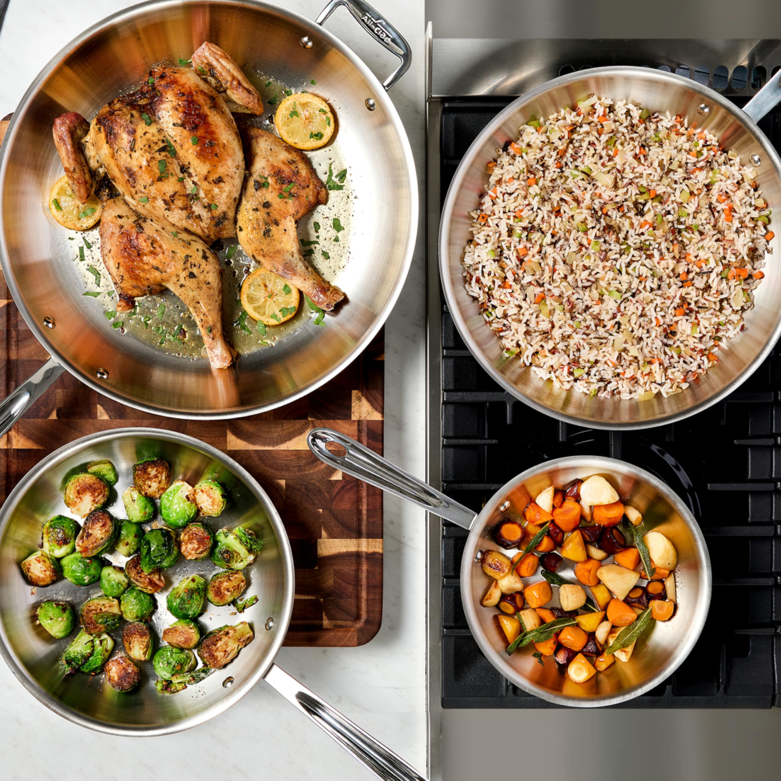 All-Clad D3 fry pan searing chicken breasts illustrating consistent browning capacity