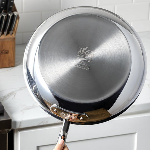All-Clad D3 fry pan size comparison with spatula showing 10 inch usable cooking area