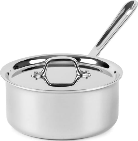 All-Clad D3 saucepan front view showing polished finish and lid, durable professional look